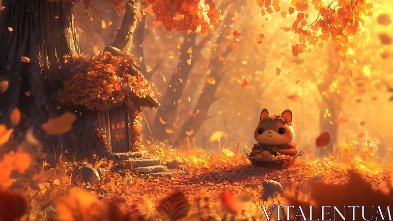 Cute forest creature gathers autumn leaves beside tree home