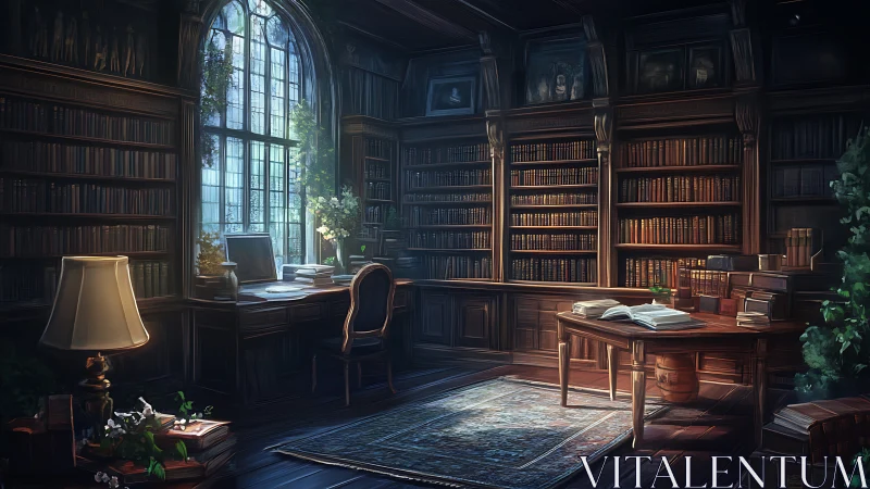 Digitally rendered Victorian library with volumetric window light