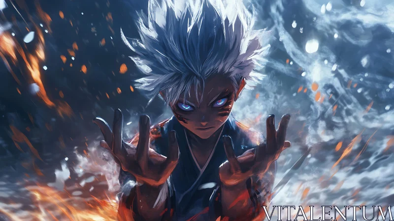 Dynamic anime sorcerer amid elemental firestorm composition.