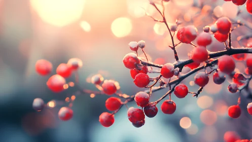 Macro study of frost‑tipped red berries in diffuse bokeh light.