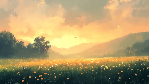 Golden meadow sunrise bathing wildflowers in gentle light.