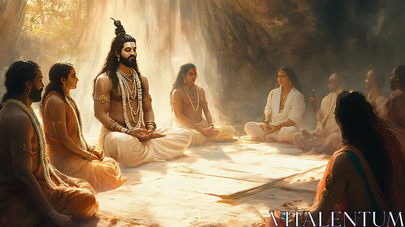 Meditating guru with disciples in sunlit forest cave circle.