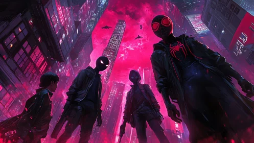 Masked urban figures under neon skyline in magenta cityscape.