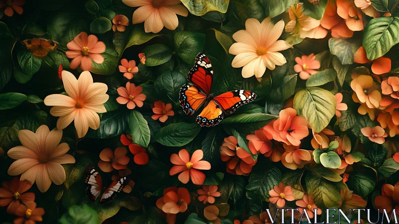 Monarch butterfly resting among dense orange garden flowers.