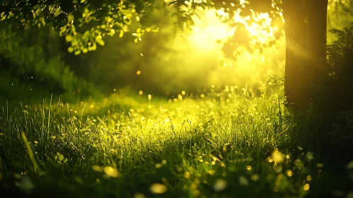 Golden Sunrise in Lush Forest Meadow, Nature Photography Style.