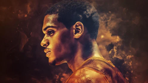 Focused basketball player profile framed by fiery abstract glow