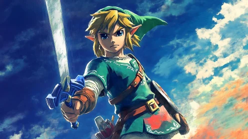 Heroic swordsman in green tunic against vivid sky backdrop.
