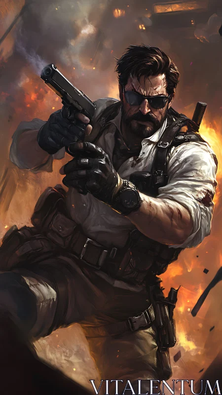 Tactical operative advancing through explosion with pistol.