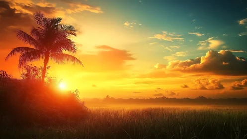 Palm silhouettes sip molten sunlight over misty grasslands