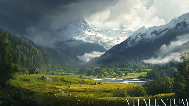 Alpine valley meadow under brooding snowcapped peaks.