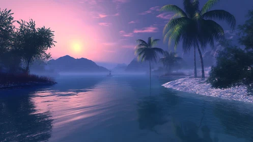 Tropical lagoon scene during sunset with palm trees and mountains