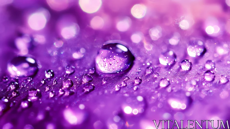 Vibrant macro water droplets shimmer on luminous purple