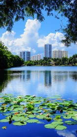 Lakeside city skyline mirrors in vivid blue water.