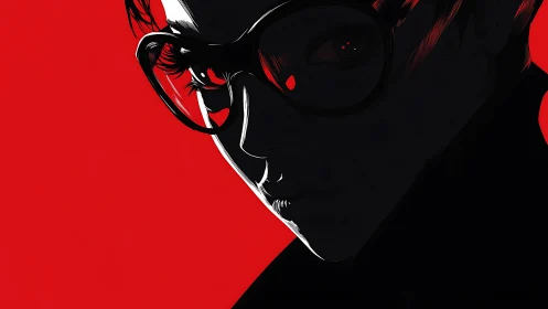 Side-lit portrait silhouette with glasses against red field