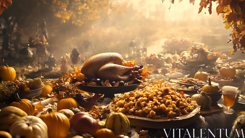 Golden roast turkey on abundant autumn harvest table.