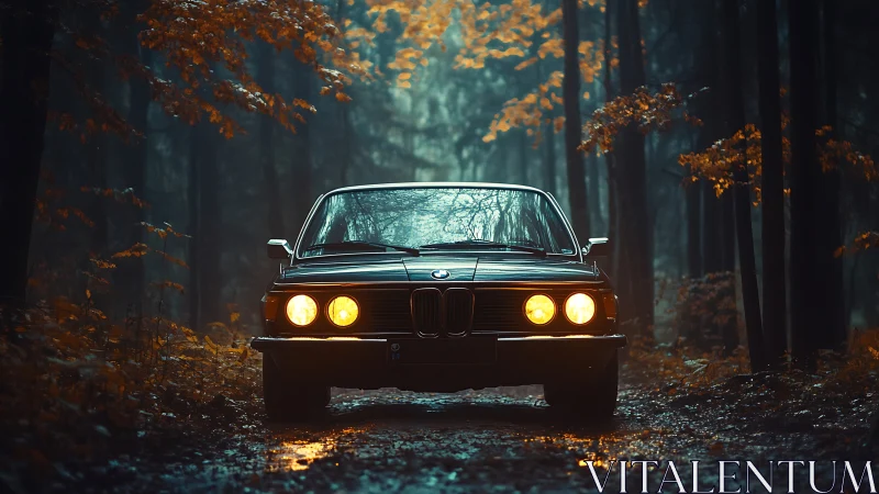 Retro sedan with bi-halogen beams in saturated autumn forest.