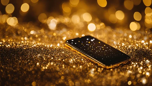 Smartphone on reflective golden glitter surface at night.