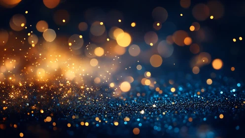 Abstract golden bokeh lights with sparkling blue glitter background.