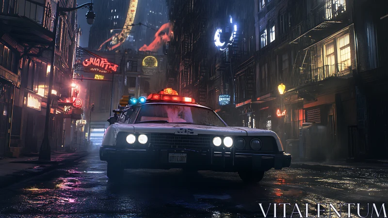 Rain-soaked neon alley with retro police car and cinematic lighting