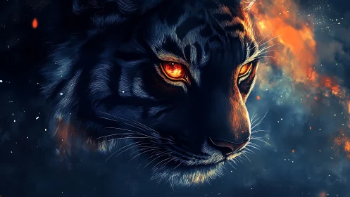 Infernal tiger portrait with molten ember eyes, cosmic fire