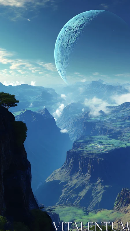 Colossal crescent planet above misty alien canyonlands.