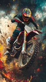 Motocross rider launches through explosive dirt spray.
