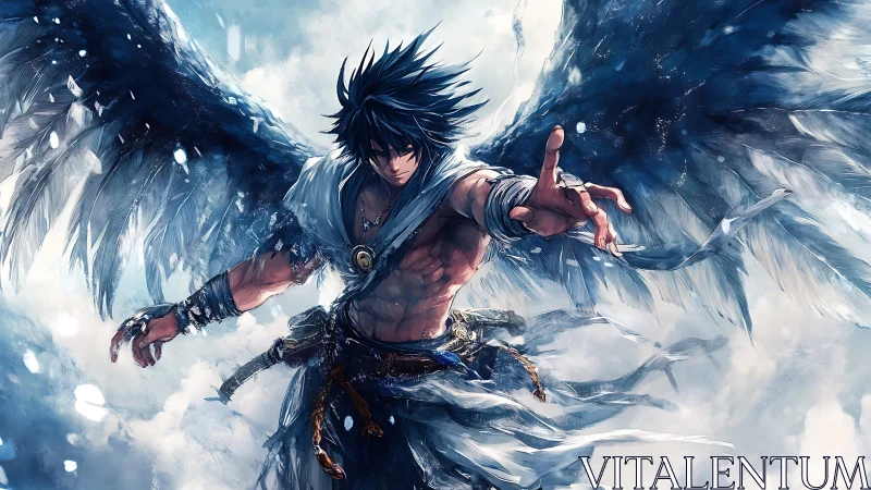 Stormborne winged warrior reaches through shattered sky.