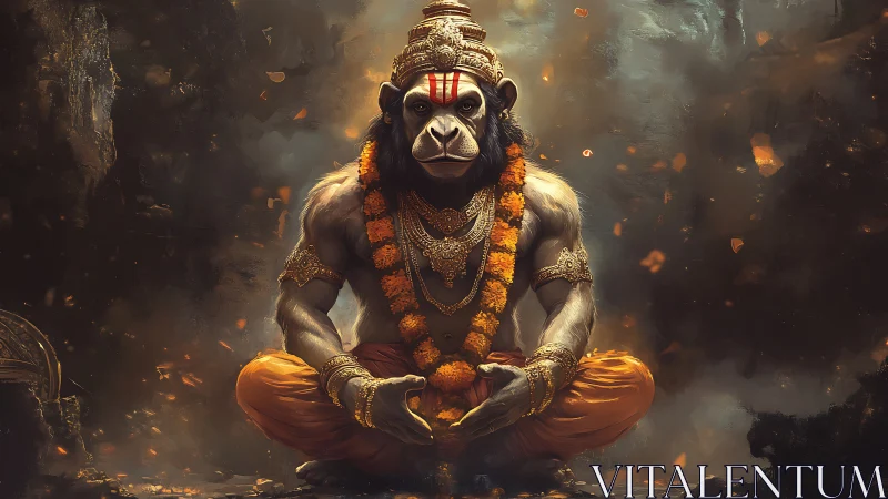 Muscular anthropoid deity in lotus pose with ornate garlands and armor