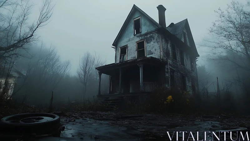 Derelict Victorian farmhouse in dense pre-dawn ground fog