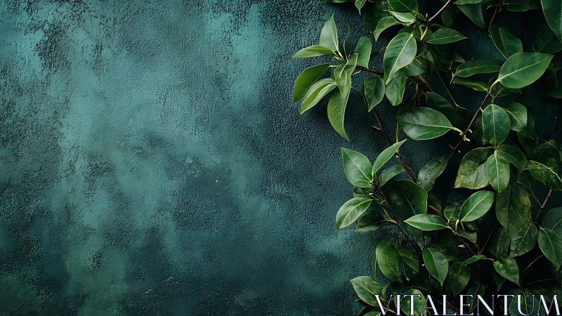 Dark teal wall and lush green foliage create calm contrast