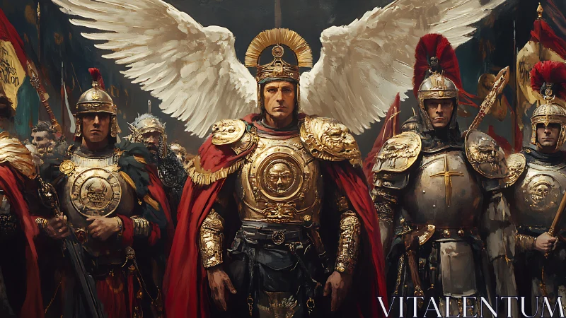 Winged golden commander leading steadfast imperial guard.