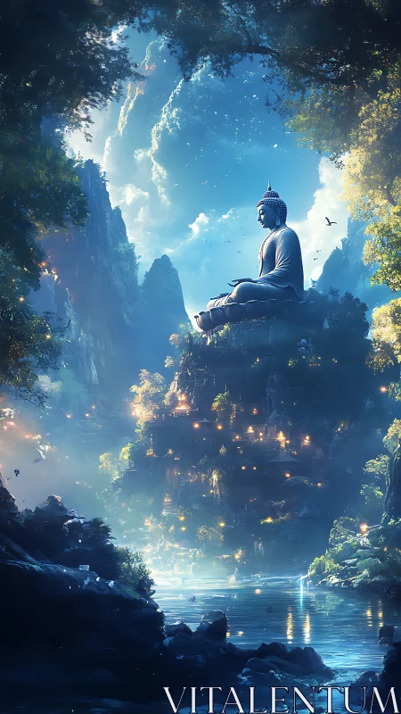 Starlit Buddha drifts above a river of lantern-bright dreams