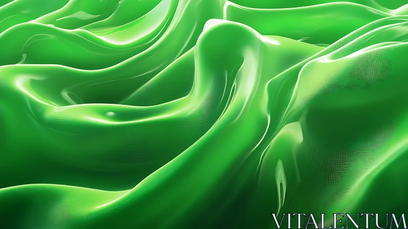 Glossy Green Abstract Waves with Smooth Fluid Motion, Digital Art.