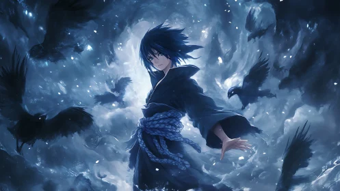 Stormlit raven circle crowns a lone blue-haired sorcerer