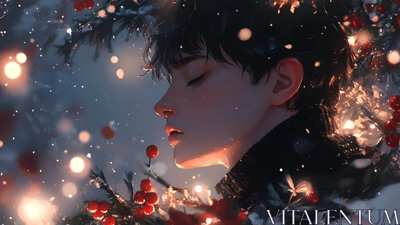 Winter portrait of young person among glowing berries.