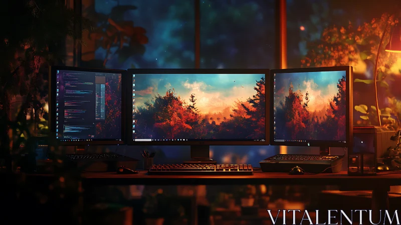 Cozy triple-monitor desk glowing with sunset forest screens.