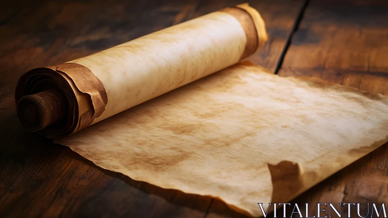 Photorealistic antique parchment scroll on rustic table surface.