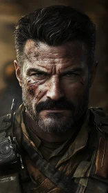 Battle-worn soldier portrait shows intense frontal stare
