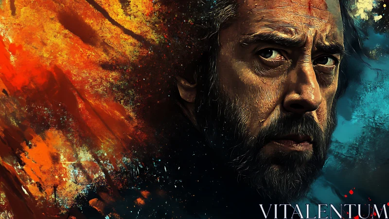 Intense bearded man against fiery orange and blue abstract