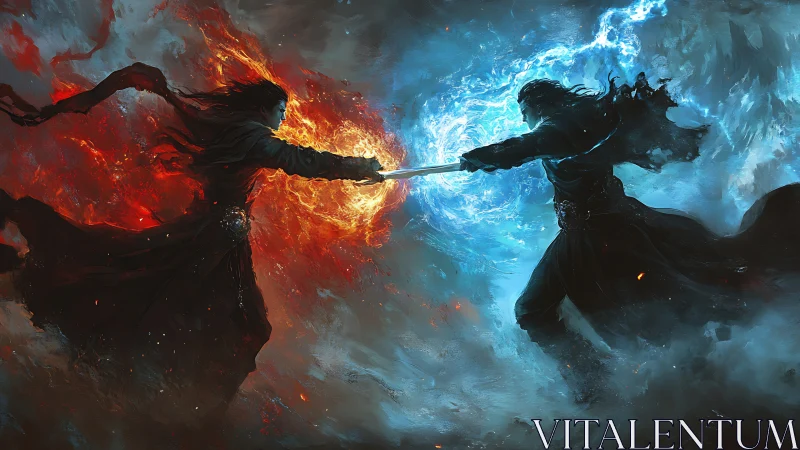 Two robed figures clash with opposing fire and ice magic