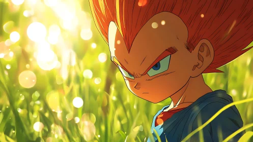 Anime boy with spiked red hair stands in bright grassy field