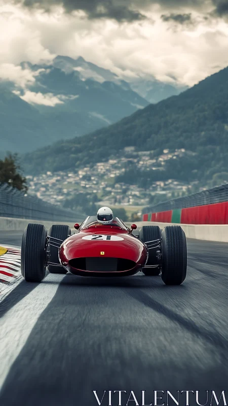 Vintage red race car speeds along alpine circuit track