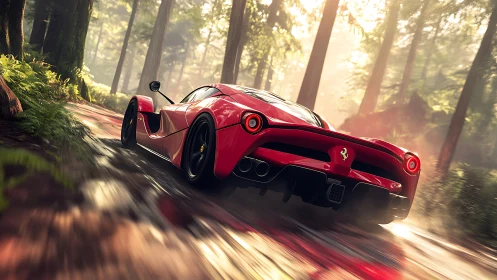 Red supercar speeding through misty forest road scene.