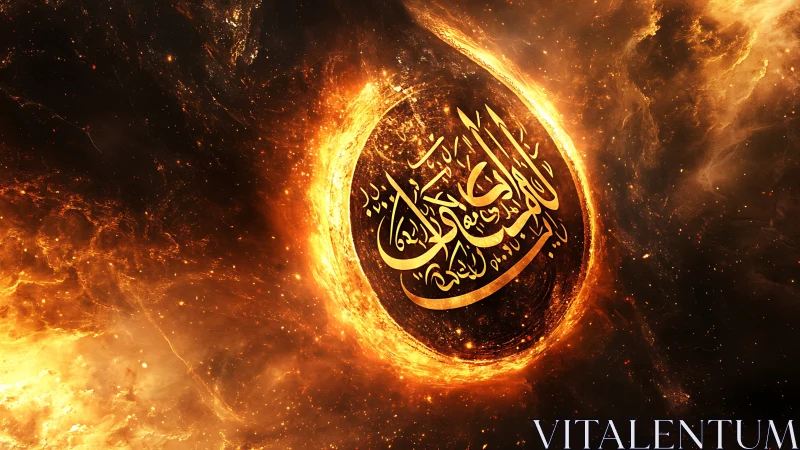 Golden Arabic calligraphy glows like a cosmic flame of light