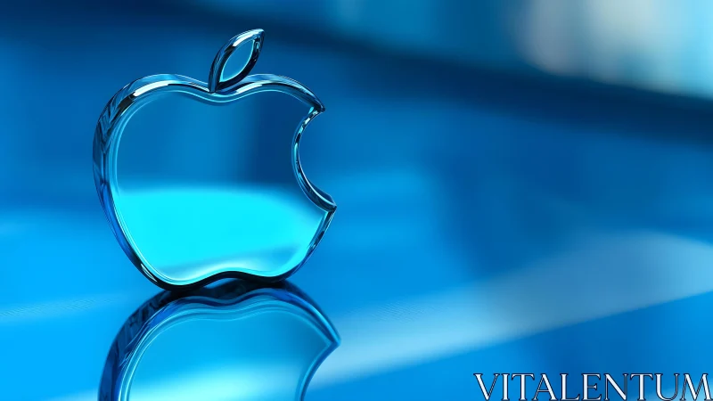 Glass Apple Logo on Glossy Blue Surface, Futuristic 3D Render.