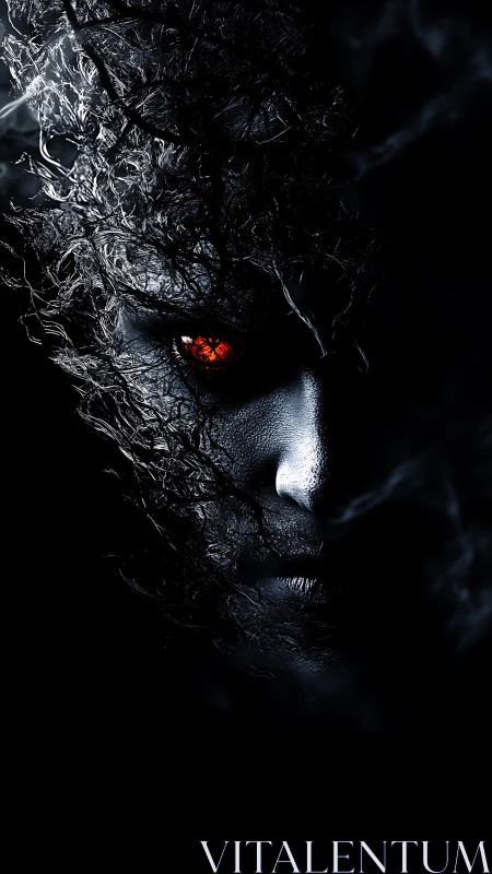 Digital painting of infernal visage with branching shadows.