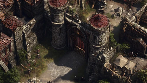 Weathered stone fortress gate in medieval-style scene.