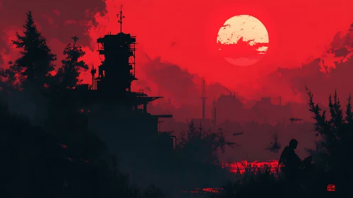 Crimson sun swallows a lonely outpost in silent twilight