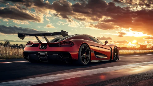 Sunset track escape with a sleek red supercar in motion.