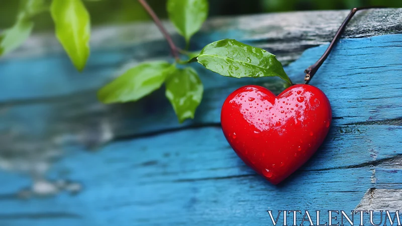 Red Heart-Shaped Cherry Glistens on Weathered Blue Wood with Green Foliage